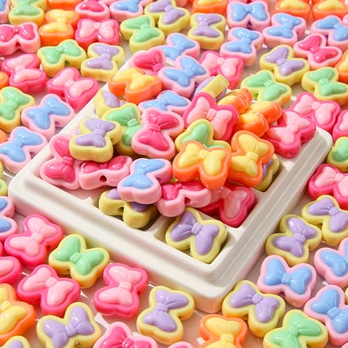 125pcs Acrylic Beads Colorful Bow Beads Rainbow Bow Beads for Jewelry Making Handmade DIY Bracelet, Charms Keychain Craft Supplies (Rainbow Bow) - color: rainbow bow