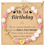 Birthday Number Cross Bracelet for Girls Ages 1-8, Strawberry Quartz & Pearl Beaded Bracelet with Gold-tone Cross & Heart Number, Adjustable Clasp Bracelet, Silver Gift Box - style: 1ST