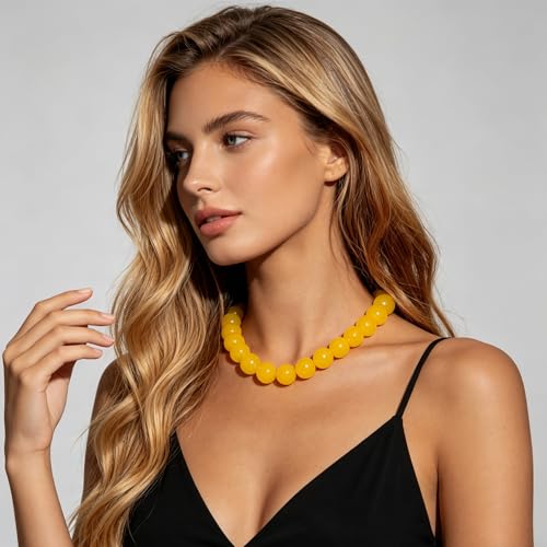 Chunky Acrylic Resin Beaded Necklace for Women Colorful Large Round Choker Adjustable Stack Acrylic Beads Necklace Resin Summer Party Jewelry - style: Yellow