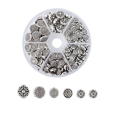 KISSITTY 175pcs/box 5 Styles Tibetan Antique Silver Flat Round Spacer Loose Beads 7mm 8mm 9mm 10mm 11mm Metal Rondelle Disc