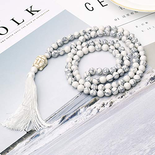 LIUANAN 108 Mala Beads 8mm Natural Bracelet Healing Gemstone Yoga Meditation Hand Knotted Mala Prayer Bead Necklace - color: White Natural Turquoise