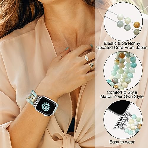 Newlibery Natural Stone Bracelet Beaded-Bands Women Compatible with Apple Watch 38mm 40mm 41mm 42mm (S10/11) Feminine Cute Handmade Stretch Strap for iWatch Series 11/10/9/8/7/6/5/4/3/2/1 SE 3/2/1 - color: A3 Light green and white, size: 38/40/41/42mm(S10