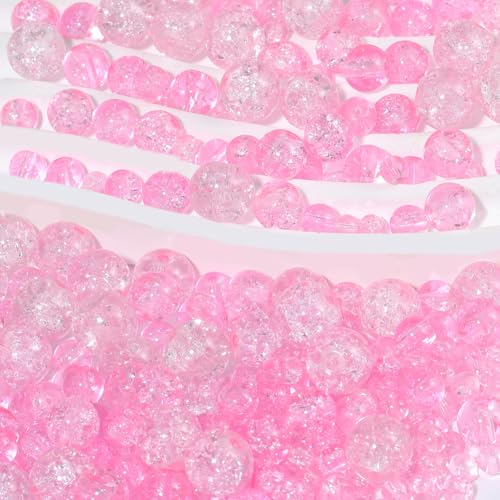 1 Box 450PCS 4/6/8/10MM Pink Crack Beads with Holes Round Glass Crackle Painted Transparent Smooth Small Spacer Loose Bead Bulk for Jewelry Making Necklace Bracelets DIY Crafts Supplies - color: Pink