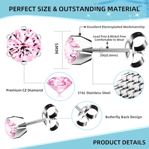 Nunpag 12 Pcs Ear Piercing Kit Disposable Ear Piercing Gun Kit with 4 Pcs 6 Prong Setting Cubic Zirconia Earrings Stud 316L Stainless Steel Easy to Use at Home Self Ear Piercer Gun Kit Tool, Silver - color: Silver-Pink