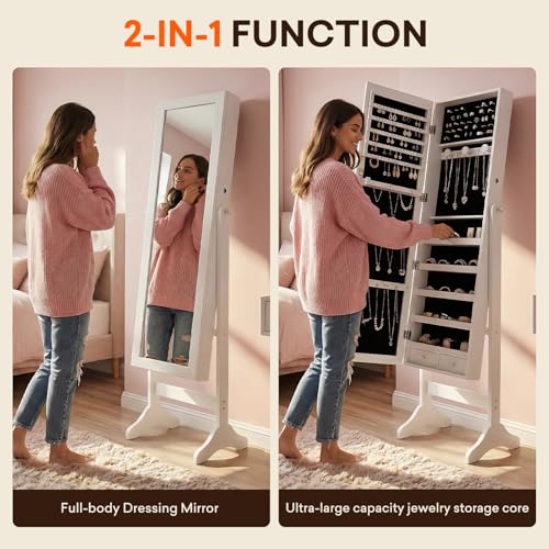 Antok Full Length Jewelry Cabinet with Mirror & Large Storage - 61" Standing Lockable Armoire Organizer, Floor to Ceiling Model for Bedroom or Dressing Room, White