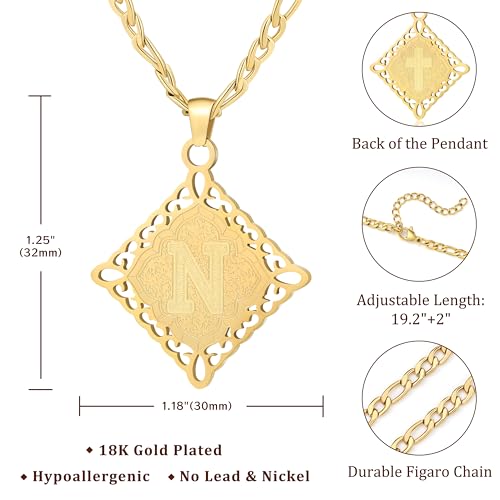 LETFLY Initial Necklaces for Women Men, 18K Gold Plated Letter Cross Pendant Necklace Alphabets A-Z Figaro Chain Jewelry Gifts - color: Rhombic, style: Letter N