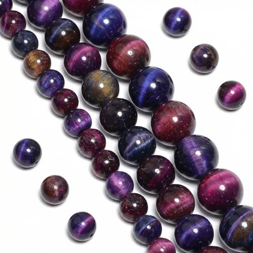Natural Tiger Eye Beads, 60Pcs 6MM Onyx Agate Color Enhance Round Loose Beads Bulk, DIY Charm Smooth Gemstone Beads for Jewelry Making(4mm 8mm 10mm 12mm Beads) - color: Purple Mix Tiger Eye Beads, size: 6MM