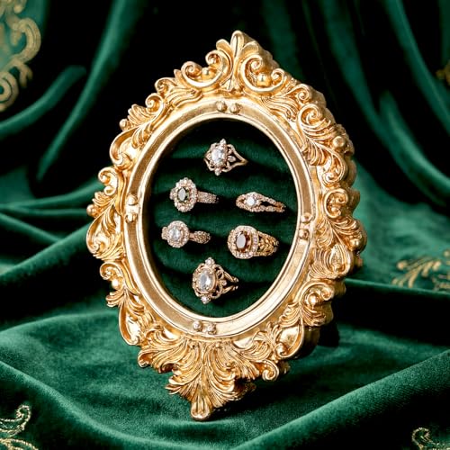 Liliaafar Vintage Ring Holder Oval Green Mat Ring Wedding Display Suede Jewelry Box Stand Frame Earring Tray Anniversary Engagement Baroque Organizer Photograph Prop for Women Birthday Gifts - color: Green Mat, style: Oval