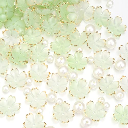 100Pcs Cherry Blossom Acrylic Flower Beads, 5-Petal Gold-Plated Gradient Floral Bead with 90Pcs Multi-Size Beige Pearls for Bracelets Earrings DIY Adult Jewelry Making (Light Green Gradient - color: Light Green Gradient, size: Flower & Pearl Beads