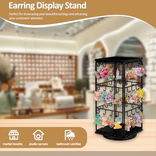 Yuehuam 360 Rotating Earring Display Stand, 48 Hooks Jewelry Rack with Wooden Base for Earring Card Selling, Earring Holder Organizer for Vendors