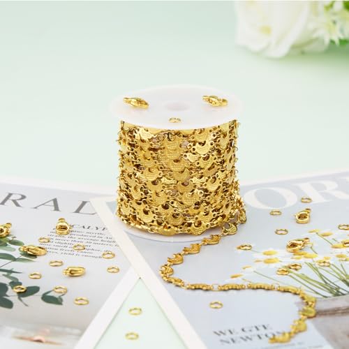 KYUNHOO 13FT/4M Stainless Steel Gold Jewelry Chain Roll on Bulk Embossed Moon Link Chains for Jewelry Making with Clasps and Jump Rings - color: Moon Gold