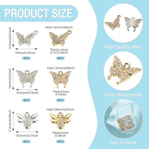 Craftdady Crystal Rhinestone Pendants Butterfly Heart Rhombus Bowknot Earring Charms Alloy Enamel Metal Pendants Light Gold Bracelet Charms for DIY Craft Necklace Jewelry Making - color: Platinum & Golden 6 Styles Butterfly Inset