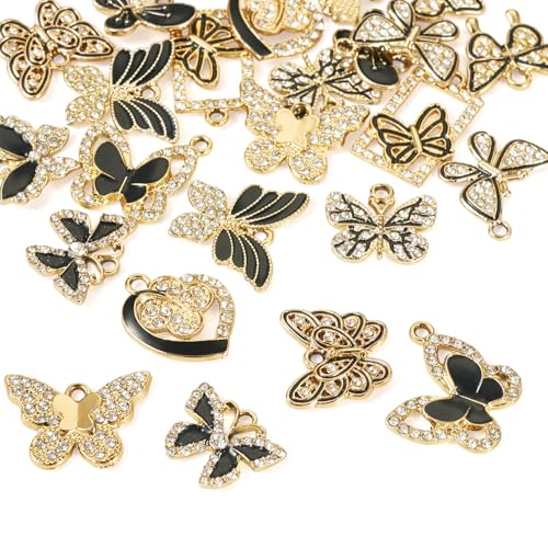 Craftdady Crystal Rhinestone Pendants Butterfly Heart Rhombus Bowknot Earring Charms Alloy Enamel Metal Pendants Light Gold Bracelet Charms for DIY Craft Necklace Jewelry Making - color: Black Butterfly