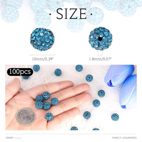 100 Pcs Blue Zircon Rhinestone Beads for Jewelry Making, Sparkle Crystal Clay Christmas for Bracelet Baseball Necklace Earring Crafting and DIY, Shiny Round Shamballa Disco Ball Beads Bulk - color: Blue Zircon, size: 100 pcs