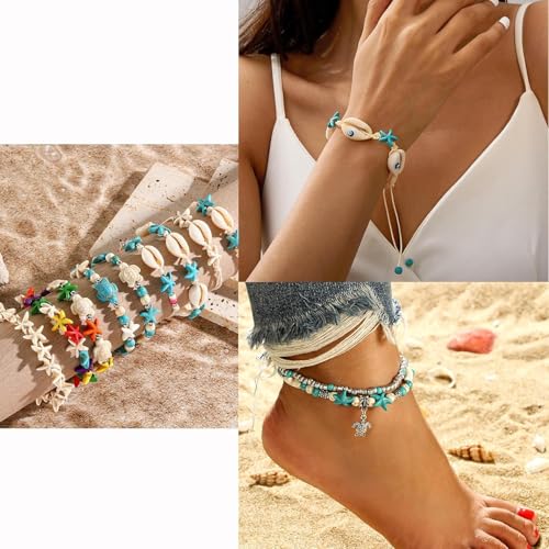 307Pcs Turquoise Sea Turtle Beads Blue and White Starfish Beads Tortoise Turtle Charms Summer Ocean Animal Spacer Bead for Jewelry Making DIY Bracelet Necklace(7 Strings) - color: Colorful
