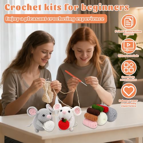 Kogyxe Beginners Crochet Kit, Amigurumi Crocheting Animals Kits w Step-by-Step Video Tutorials, Crochet Starter Kit Knitting Starter Pack for Adults Beginners, 2 Hamster Family (40%+ Yarn Content) - size: Hamster Family