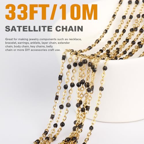 33 Feet Gold Enamel Chains Bulk, 2mm 18K Gold PVD Plated 304 Stainless Steel Black Enamel Beaded Cable Link Chain Roll Spool for Jewelry Making - color: Gold Black Beads