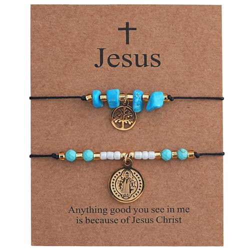 Christian Cross Jesus Pendant Charm Gold Rope String Beaded Bracelets Stack Set for Women,Handmade Bohemian Colorful Adjustable Jewelry,God Lucky Protection Friendship Gift - color: Turquoise