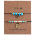 Christian Cross Jesus Pendant Charm Gold Rope String Beaded Bracelets Stack Set for Women,Handmade Bohemian Colorful Adjustable Jewelry,God Lucky Protection Friendship Gift - color: Turquoise