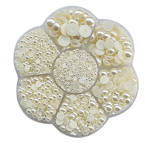 Chenkou Craft Random 1900pcs Assorted 7 Sizes (3/4/5/6/7/8/10mm) Imitation Half Pearl Flatback Bead Scrapbook Craft DIY Loose Beads + Plastic Box (Beige) - color: Beige