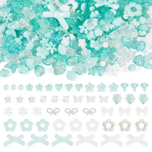 100G Mixed Shapes Acrylic Beads Assorted Beads for Bracelet Making,Flower Bow Butterfly Leaf Aesthetic Bracelet Charms Cute Beads for Jewelry Making DIY Necklace Keychain Phone,Turquoise - color: Turquoise