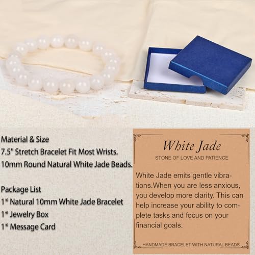 LPBeads Handmade Natural Gemstone Stretch Elastic Bracelet Healing Crystal Round Stone Beads Jewelry Gifts for Women Men - color: White Jade, size: 10mm
