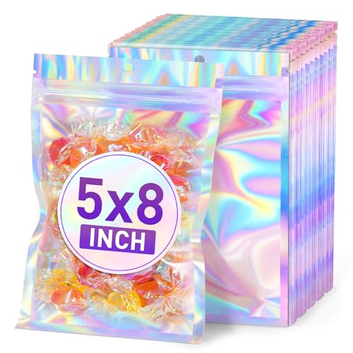 50 PCS 5'' x 8" Holographic Mylar Bags, Resealable Smell Proof Mylar Bags, Holographic Rainbow Color Foil Pouch Zip Bag for Party Favor Food Storage, Coffee Beans, Candy & Jewelry Packaging - color: Clear Holographic, size: 5x8 Inch