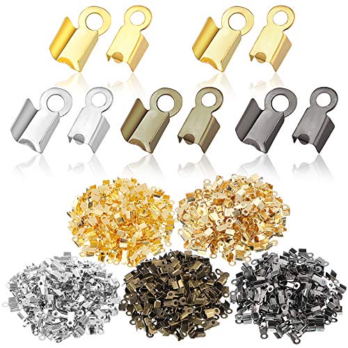1000 Pieces Fold Over Cord Ends Cord Crimp Leather Ribbon End Clasp Tips Caps Jewelry Connector for Jewelry Making, 3.5 x 9 Mm/ 0.14 x 0.35 Inch, 5 Colors