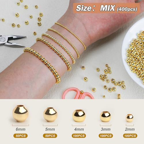 18K 400pcs Mix Gold Filled Beads for Bracelets Seamless 2/3/4/5/6mm 5 Size Gold Spacer Beads Non Tarnish for Jewelry Making Necklaces Earring Pendant Smooth for DIY Craft Making - size: Mix-400PCS