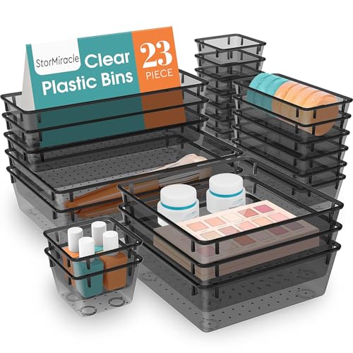 StorMiracle 23 PCS Drawer Organizer Set, 5 Varied Size Bathroom and kitchen Drawer cabinet organizer Trays, Clear Storage Bins for Makeup, Jewelry, Utensils and Gadgets, Black - color: Black, size: 23 PCS