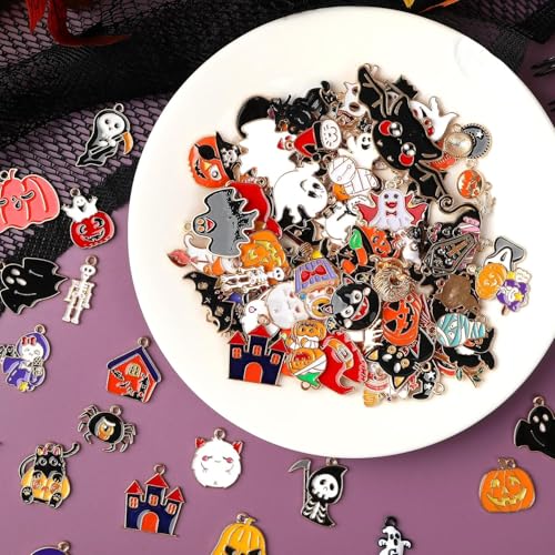 MARFOREVER 120 PCS Halloween Charms for Jewelry Making, Assorted Halloween Ghost Skeleton Bat Witch Pumpkin Skull Enamel Charm Pendants for Bracelet Necklace Earrings Making DIY Crafts Gifts - style: Halloween