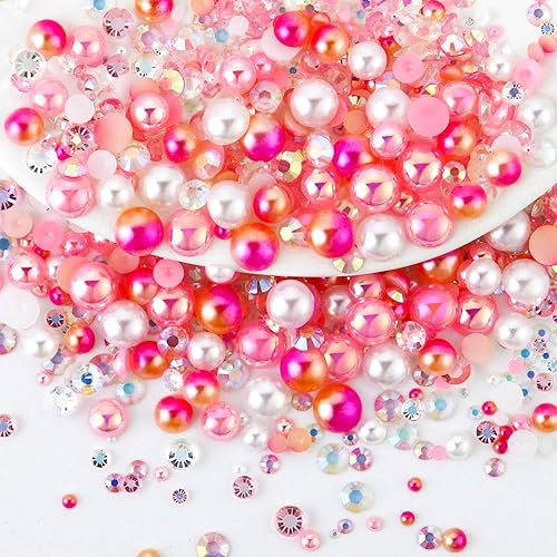 60g Mix Pearls and Rhinestones for Crafts, Flatback Rhinestones and Pearls for Tumblers Shoes Nails Face Art, Mixed Sizes 2mm-10mm, Pinks|White - color: Gradient Pinks Blend | Mix Pinks | White