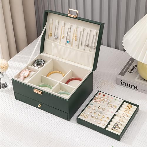 Jewelry Organizer Box, Jewelry Box Organizers for Women Girls, 3 Layers Large Leather Necklace Storage Case for Earring, Rings, Necklaces, Bracelets, Big and Small Jewellery, Watch, Gift (DeepGreen) - color: Deep Green