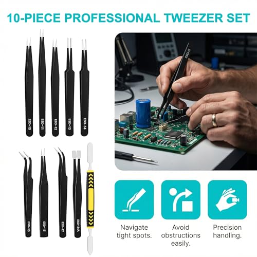 Precision Tweezers Set 10 Piece, ESD Safe Anti-Static Stainless Steel Kit with Case & Pry Tool for Electronics Repair, PCB Soldering, Jewelry Making, Watch Repair, Lab and Craft Work