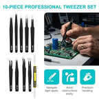 Precision Tweezers Set 10 Piece, ESD Safe Anti-Static Stainless Steel Kit with Case & Pry Tool for Electronics Repair, PCB Soldering, Jewelry Making, Watch Repair, Lab and Craft Work