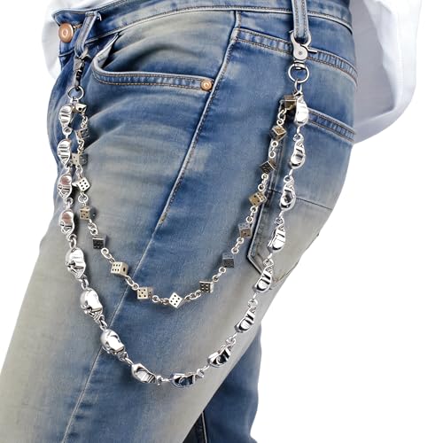 Layered Punk Pants Chain for Men Women, Gothic Hip Hop Jean Chain Wallet Chain Biker Trouser Chain, Goth Emo Fashion Keychain Accessories - color: 2L-Skulls Chain