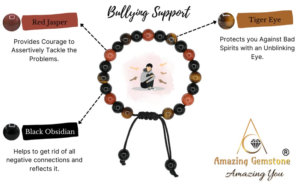 Amazing Gemstone Anti Bullying Manifestation Bracelets - Black Obsidian Tiger Eye Red Jasper Bracelet Set for Healing Calming Anxiety Stress Relief Gifts Pulseras Para Hombres Mujer (Adjustable) - color: Bullying Support