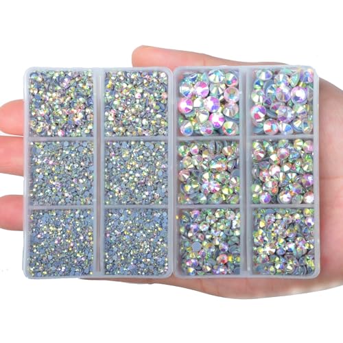 10000Pcs 2-Boxes Mixed Size Hot Fix Round Crystals Gems Glass Stones Hotfix Flat Back Rhinestones with Tweezers and Picking Pencil (Crystal AB) - color: Crystal AB, size: 2-Box (10000pcs)
