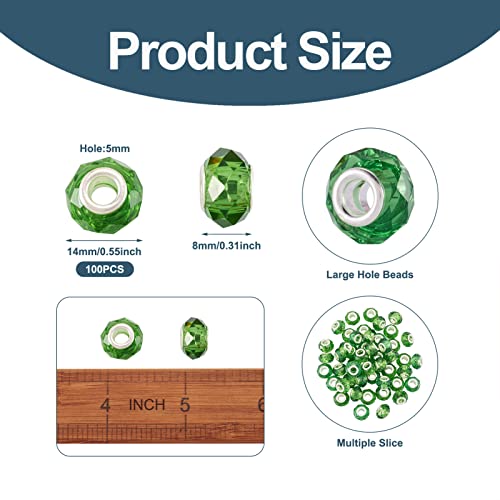 100pcs 14mm Green European Glass Beads - Large Hole, Lampwork, Loose Spacer Beads for St. Patrick's Day DIY Craft Snake Chains Bracelet Necklace Earring Making - Hole: 5mm - color: Green
