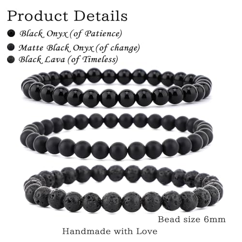 2/3-Pieces 4mm 6mm 8mm Natural Crystal Gemstone – Handmade Reiki Energy Healing Stretch Bracelets Jewelry for Yoga, Meditation, Unisex - color: 3 Pieces (BlackLava&BlackOnyx&MatteBlackAgate), size: 6mm
