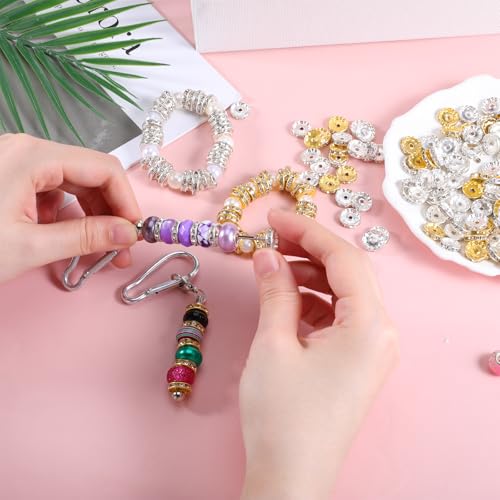 SULIKJHUI 150 Pcs Spacer Beads 12mm, Gold and Silver Spacer Beads for Bracelets, Jewelry Making, 2.5mm Hole & 3mm Height, Iron with Rhinestones (0.47 Inch Outer Diameter) - color: Gold + Silver