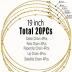 stino 20 Pack (5 Styles) Stainless Steel Chains for Jewelry Making, Bulk Gold Plated Chains, Satellite, Paper Clip, Lip, Rolo, Cable Mixed Styles (Gold (19 inch)) - color: Gold Plated (19 inch)