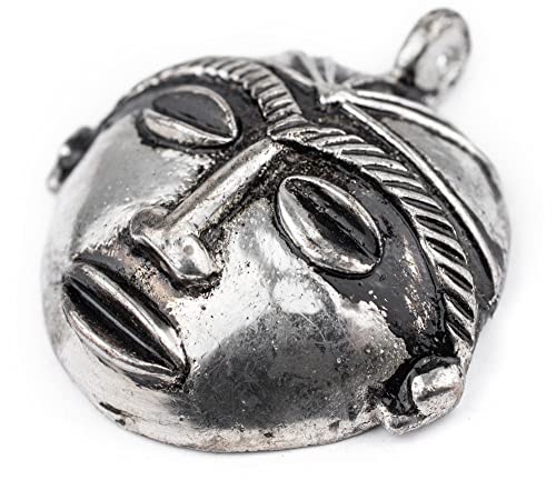 TheBeadChest Round African Silver Mask Pendant (58x62mm): Genuine West African Mask Design for DIY Jewelry & Necklaces - color: Silver, size: Medium (58x62mm)