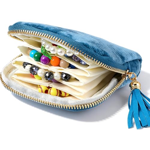 Xinjoduz Travel Jewelry Case Organizer 4.7 Inch Polyester Zipper Pouch Soft Jewelry Bag for Rings Earrings Necklaces Lightweight Portable Light Blue (Light Blue)