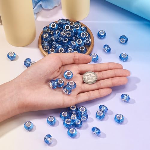 100pcs 14mm Large Hole Beads Glass Crystal Faceted Beads Blue European Crystal Spacer Bead for Necklace Earring Bracelet Crafts Jewelry Making - color: Blue