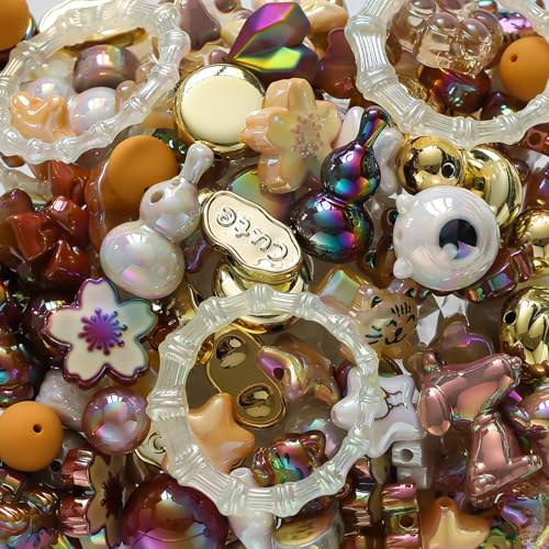 100G Assorted Acrylic Beads for Bracelet Making, Brown Large Aesthetic Kawaii Beads for Keychain Phone Charms, Multi-Shapes Cute Bead for Jewelry Making, DIY Crafts, Necklace - color: Brown