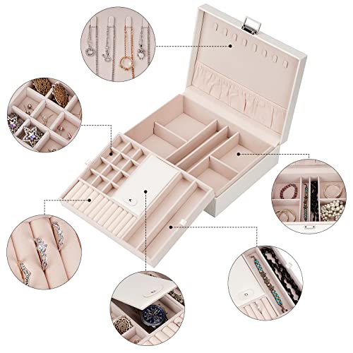 Jewelry Organizer Box for Girls Women - Double Layer Large Travel Jewelry Case with Gift Box/White - color: White
