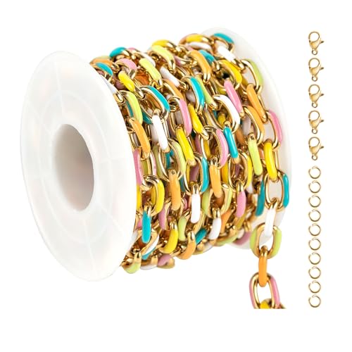 UMAOKANG 2 Yard Gold Plated Chain for Jewelry Making Stainless Steel Chains Bulk Colorful Enamel Paperclip Chain Roll with Jump Rings and Lobster Clasps - color: Light Colorful