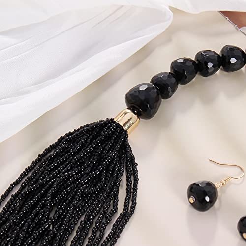 Bocar Necklace for Women, Multi Layer Statement Necklace, Long Chain Chunky Bib Seed Beads Necklace, Necklace Earring Set for Women Gift (NK-10693) - color: Black