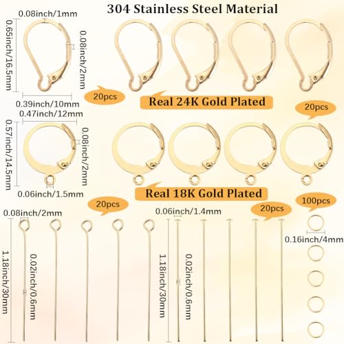 1 Box 180Pcs 18K Gold Plated Leverback French Hooks Stainless Steel Earring Findings Kit Eye Pin Head Pins Jump Ring Open Loop French Earwire Lever Back Earrings Findings for Jewelry Making - color: Gold